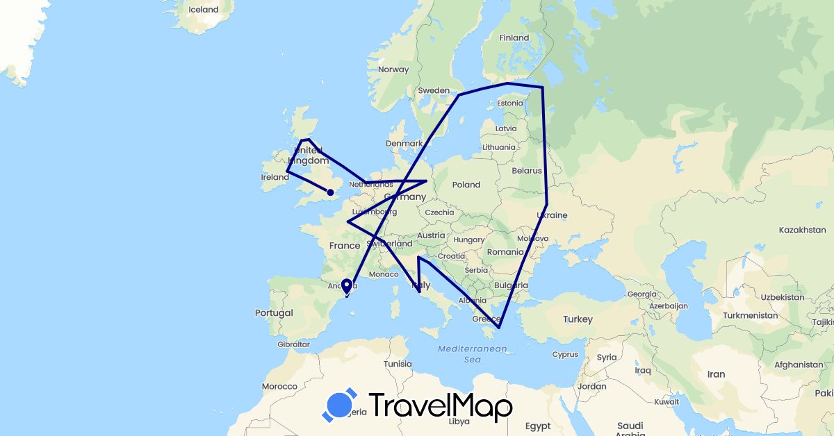 TravelMap itinerary: driving in Switzerland, Germany, Spain, Finland, France, United Kingdom, Greece, Croatia, Ireland, Italy, Netherlands, Russia, Sweden, Ukraine (Europe)